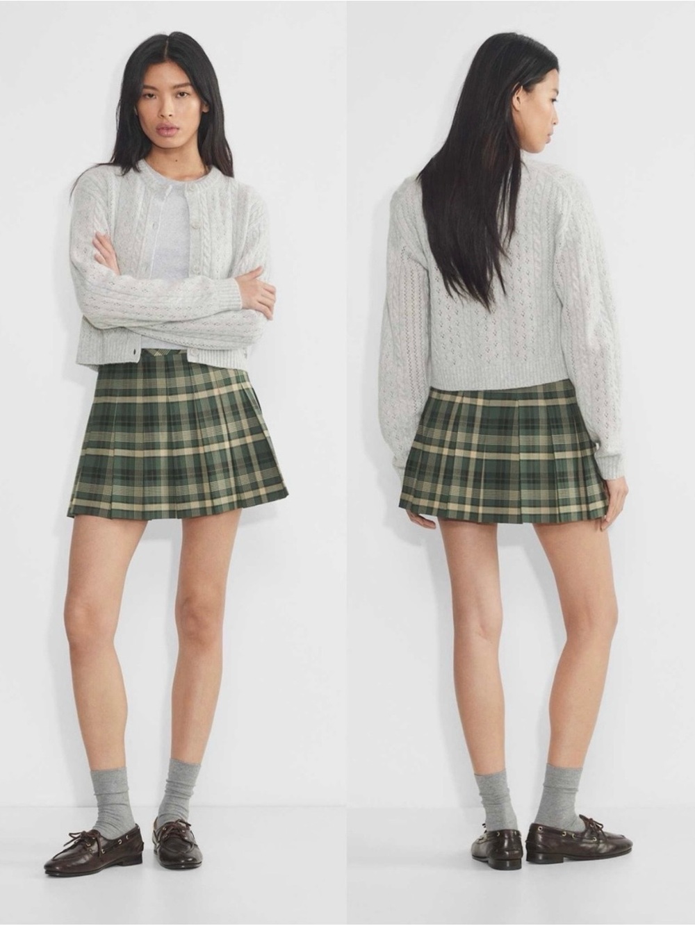 Aritzia Sunday Best Plaid Pleated Mini Skirt in Olive Green